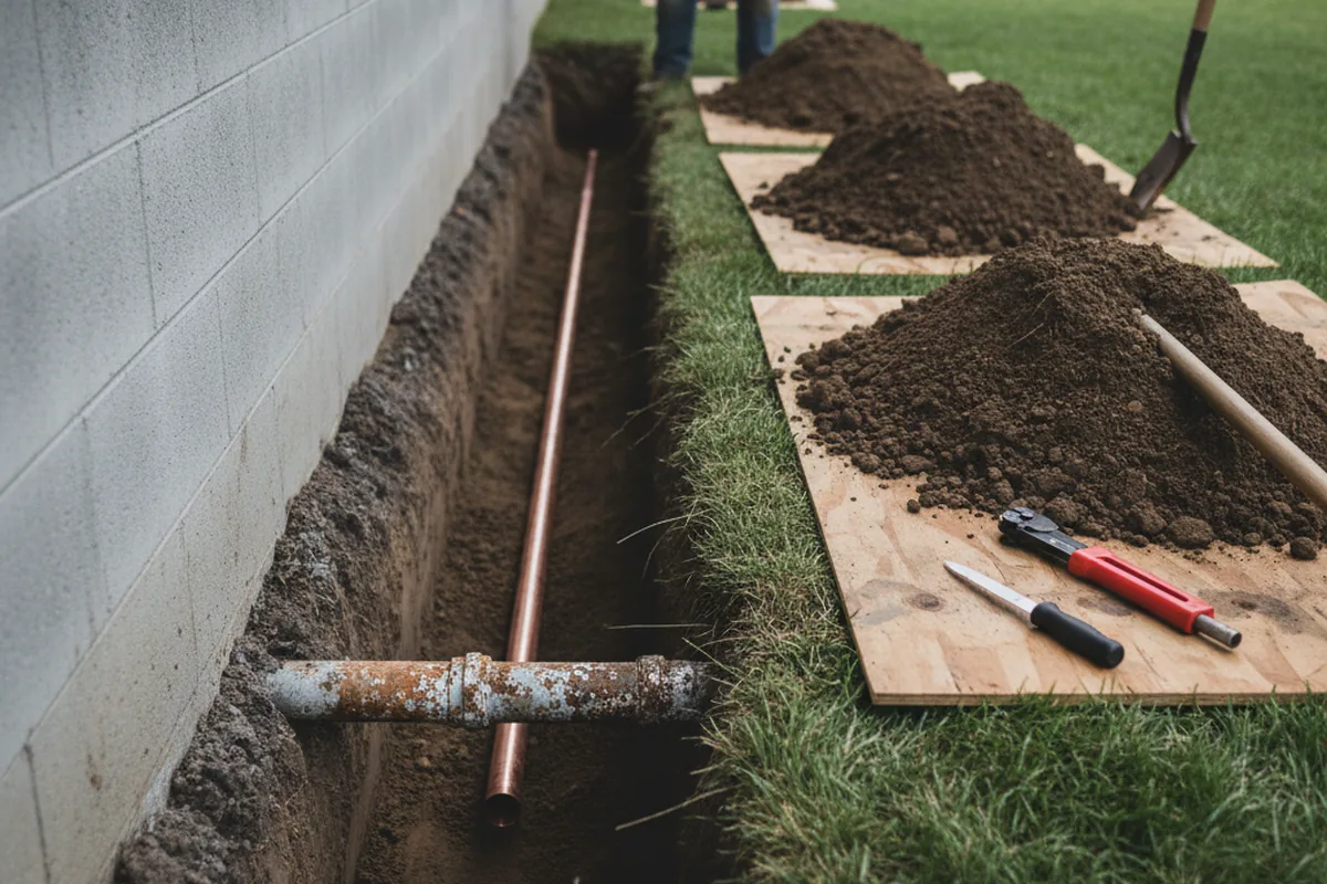 Excavated water line trench during Sewer Line Repair in Clear Lake